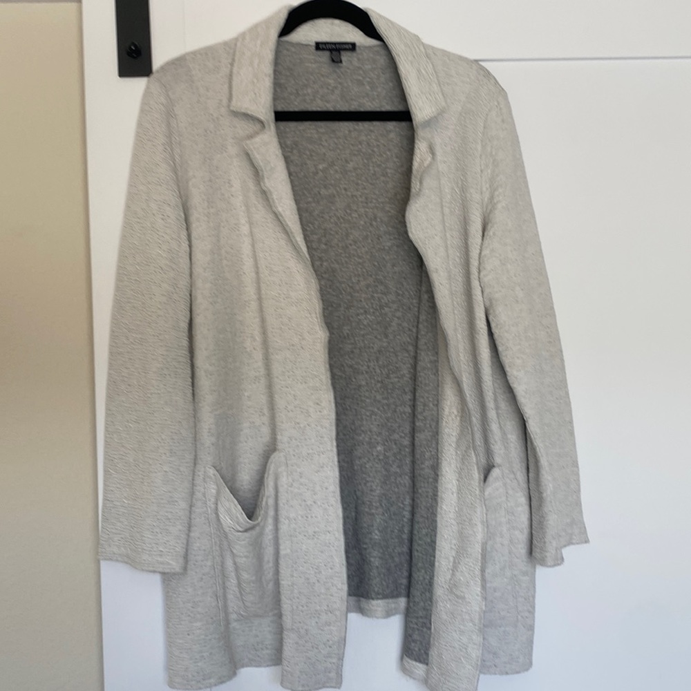 Eileen Fisher Grey‎ Lyocell Single Button Textured Cardigan Pockets